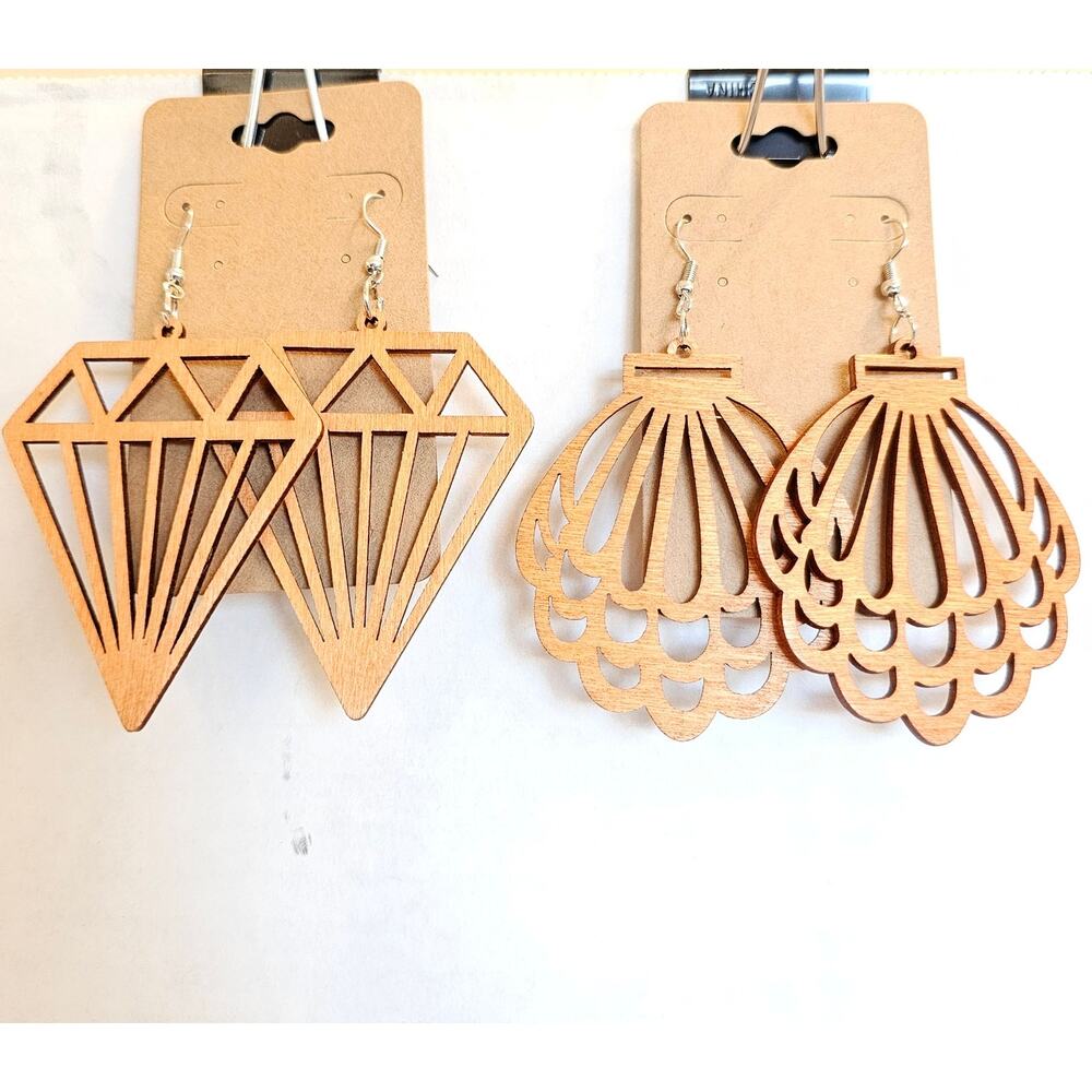 Wood Laser Cut Dangle Earrings Lot 2 Pairs Geometric Diamond & Shell Boho